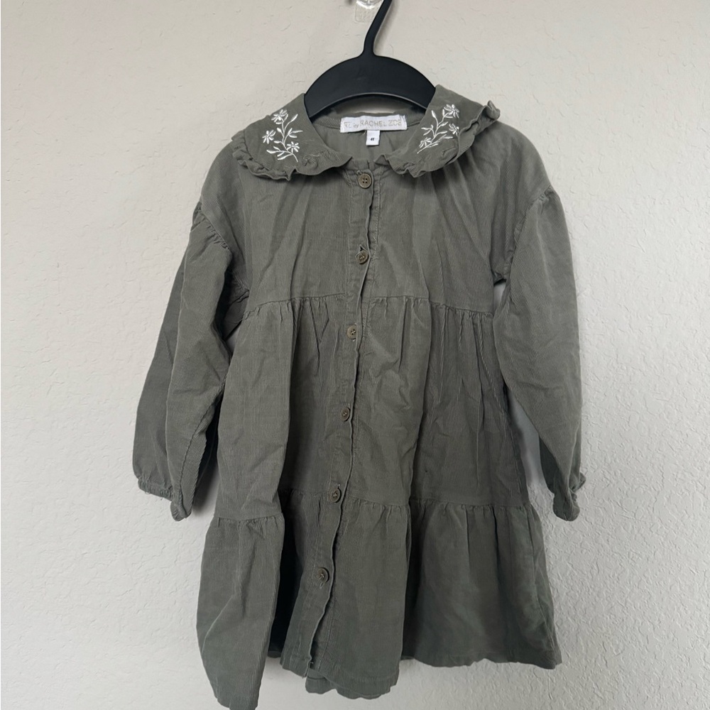 Rachel Zoe Olive Green Embroidered Collar Girls' Casual Dress